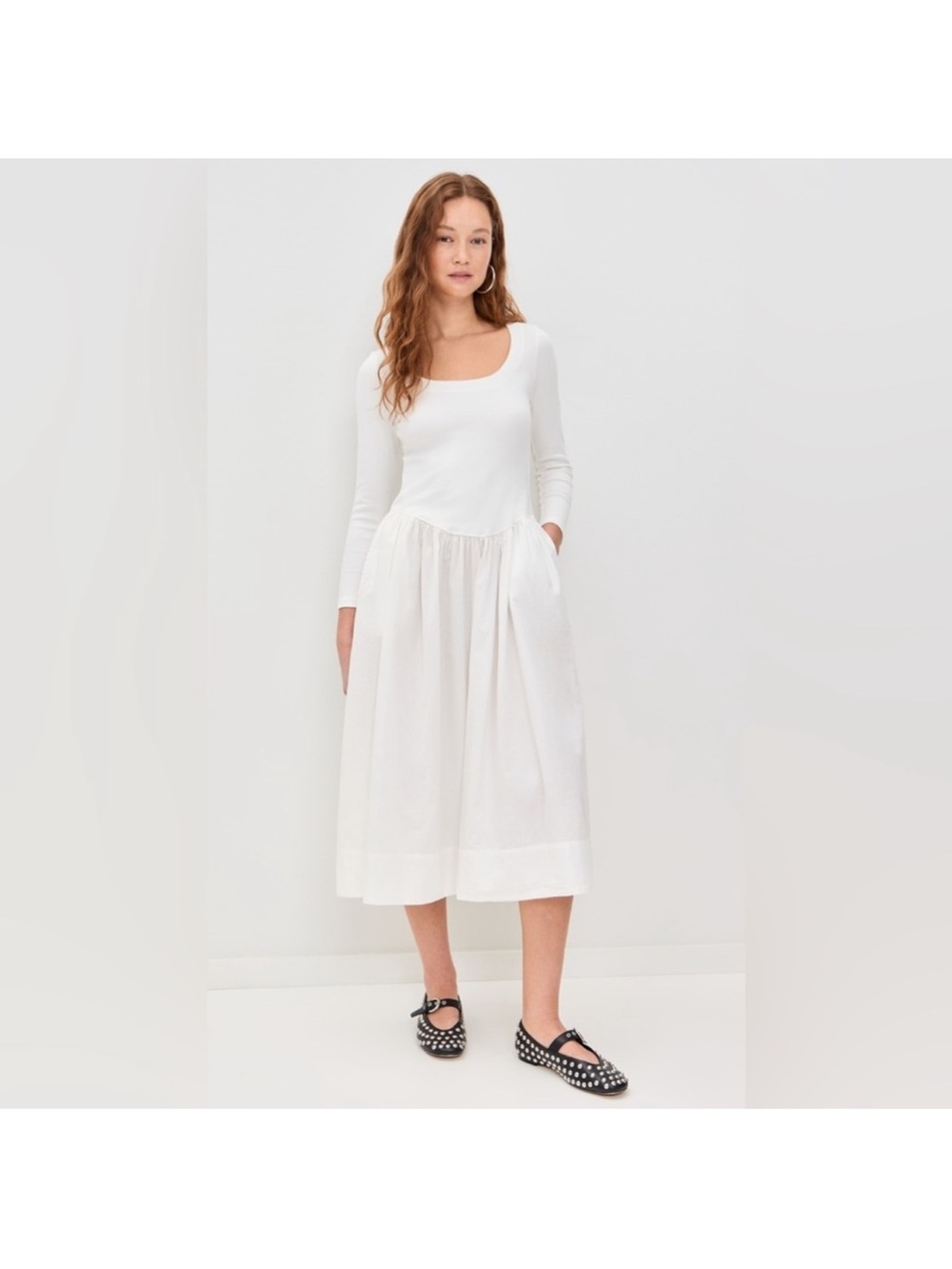 Free People White Long Sleeve Midi Dress